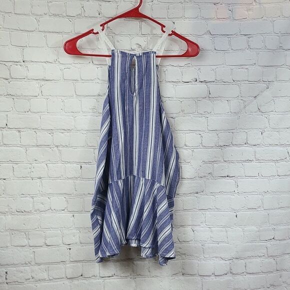 Hollister Juniors Small Soft Blue Stripe Sleeveless Crochet Top Ruffle Racerback - Picture 7 of 10